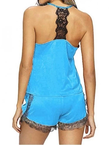 Sets Lace Pajamas Sets Womens Sexy Lingerie Satin Pajamas Cami Shorts Set Nightwear Sleeveless Sleepwear - H Blue - C6196O5DN...