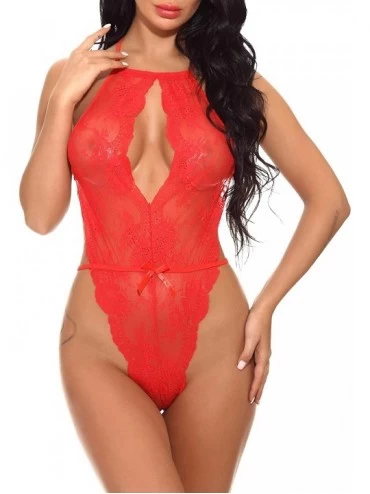 Baby Dolls & Chemises Women's Lace Tights Babydoll Pajamas Halter Open One-Piece Dress - Red - CA197HSLS9U $38.90