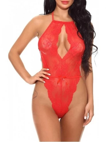 Baby Dolls & Chemises Women's Lace Tights Babydoll Pajamas Halter Open One-Piece Dress - Red - CA197HSLS9U $25.08