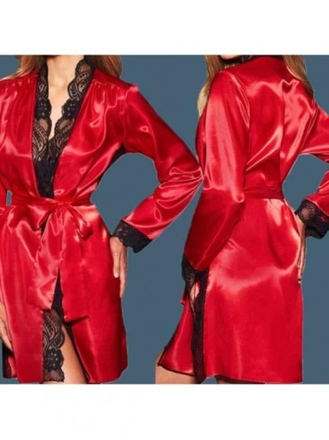 Robes Charming Sexy Women's Underwear Bathrobe Silk Kimono Lace Gown Robe - Red - CO18N9ZCUCI $11.62