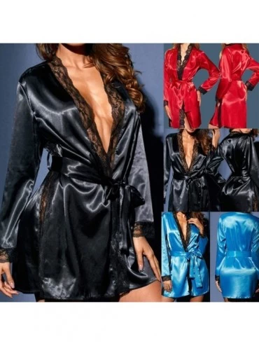 Robes Charming Sexy Women's Underwear Bathrobe Silk Kimono Lace Gown Robe - Red - CO18N9ZCUCI $11.62