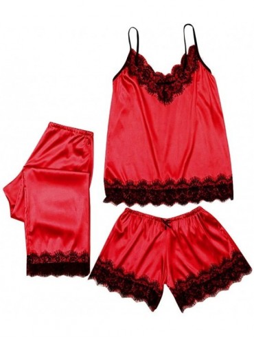 Garters & Garter Belts 3PC Women Lace Satin Sleepwear Lingerie Camisole Bow Trousers Casual Pajamas - Red - CL194KDQEH6 $77.34