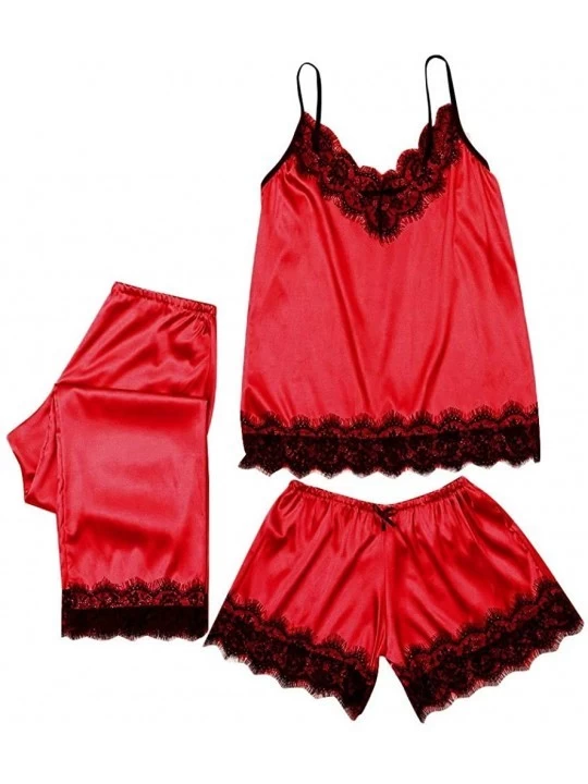 Garters & Garter Belts 3PC Women Lace Satin Sleepwear Lingerie Camisole Bow Trousers Casual Pajamas - Red - CL194KDQEH6 $35.77