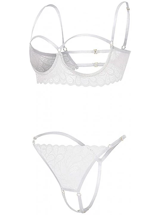 Baby Dolls & Chemises 2 Piece Sexy Lingerie Set for Women Cut Out Underwire Bra and Open Thong Set Babydoll - White - C0197D9...