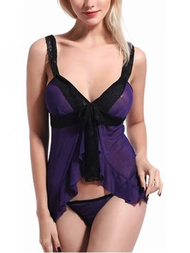 Bustiers & Corsets Women Lace Sexy Nightdress Lingerie Lace Gauze Split Transparent Sling Underwear - Purple - C1194T8M7IM $2...