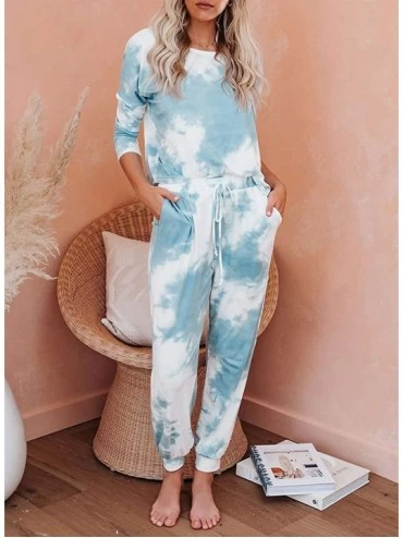 Sets Womens Tie Dye Pajamas Set Long Sleeves Jogger PJ Sets Two Pieces Round Neck Loungewear Nightwear Sleepwear Sky Blue - C...