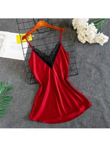 Bras New Women Lace Satin Silk Sleepwear V-Neck Lingerie Pajamas Nightdress Underwear - Red - C8197ZMWHL3 $29.81
