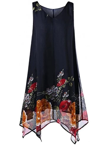 Nightgowns & Sleepshirts Women Pleated Women Plus Size Floral Print Chiffon Sleeveless Irregular Hem Mini Dress - Navy - CD18...