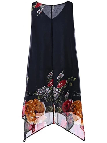Nightgowns & Sleepshirts Women Pleated Women Plus Size Floral Print Chiffon Sleeveless Irregular Hem Mini Dress - Navy - CD18...