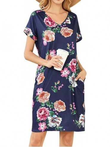 Nightgowns & Sleepshirts Women's Summer Short Sleeve Nightshirt Printed V-Neck T-Shirt Dress with Pocket - Navy - C71905YG44H...
