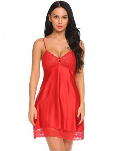 Baby Dolls & Chemises Women Sexy Lingerie Satin Chemise Nightgown Slip Lace Babydoll Sleepwear Set - Red - CT18HC3NCES $15.44