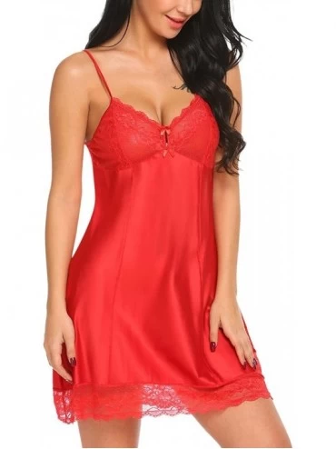 Baby Dolls & Chemises Women Sexy Lingerie Satin Chemise Nightgown Slip Lace Babydoll Sleepwear Set - Red - CT18HC3NCES $15.44