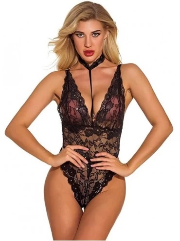 Tops Teddy Lingerie for Women Deep V Lace Bodysuit One-Piece Sexy Halter Backless Sleepwear Jumpsuit Pajamas - Black - CY197Q...