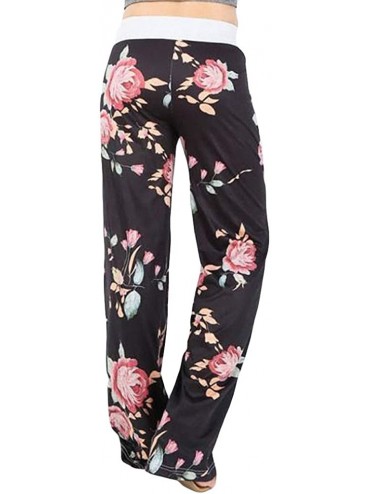 Bottoms Comfy Casual Pajama Pants High Waist Stretch Floral Print Drawstring Palazzo Lounge Pants Wide Leg - E-01 - C11947G5L...
