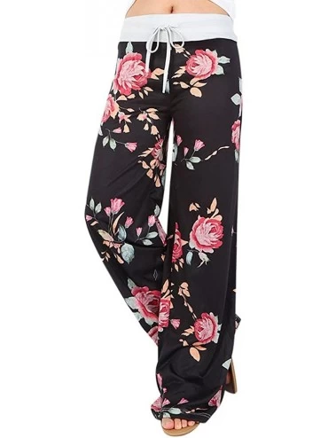 Bottoms Women's Floral Print Comfy Casual Pajama Pants High Waist Drawstring Palazzo Wide Leg Lounge Pants - Black - CF1953MT...