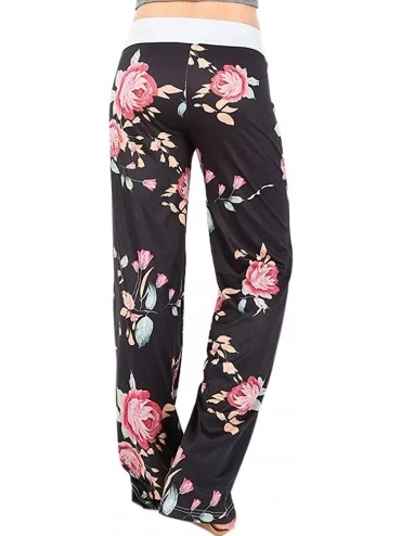 Bottoms Women's Floral Print Comfy Casual Pajama Pants High Waist Drawstring Palazzo Wide Leg Lounge Pants - Black - CF1953MT...