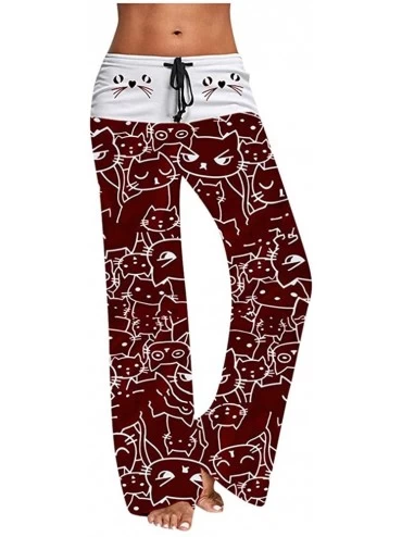 Bottoms Soft Pajama Pants for Women-Cat Print Drawstring Casual Long Wide Leg Palazzo Lounge Pants - Wine - C7194COWLWH $27.46