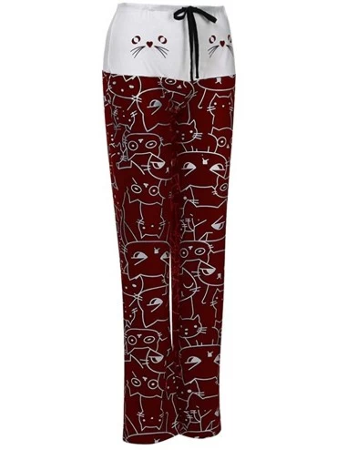 Bottoms Soft Pajama Pants for Women-Cat Print Drawstring Casual Long Wide Leg Palazzo Lounge Pants - Wine - C7194COWLWH $15.42