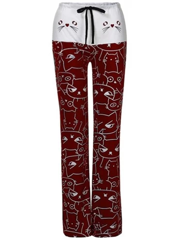 Bottoms Soft Pajama Pants for Women-Cat Print Drawstring Casual Long Wide Leg Palazzo Lounge Pants - Wine - C7194COWLWH $15.42