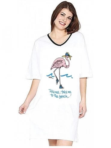 Tops Emerson Street Clothing Take Me to The Beach Whimsical Printed Women's Nightshirt in 100% USA Made Cotton - White - CF18...