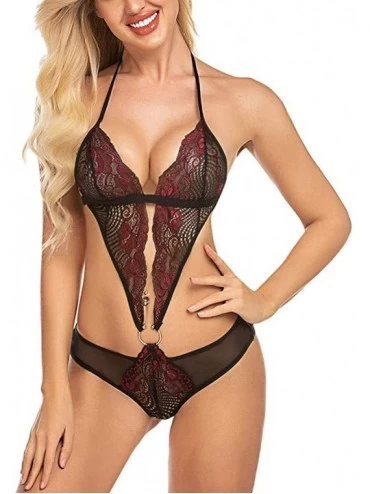 Baby Dolls & Chemises Women Sexy One Piece Lingerie Deep V Lace Bodysuit Mini Babydoll Sexy Underwear - Red - CR193LM3SKD $10.97