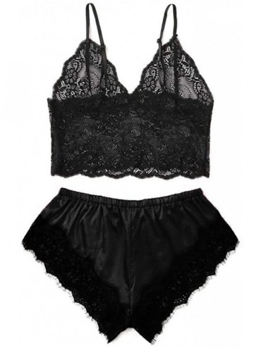 Sets Women's Lace Cami Top with Shorts with Panties 2 Piece Set Sexy Lingerie Pajama Set - Black - CT1900M7CUD $31.20