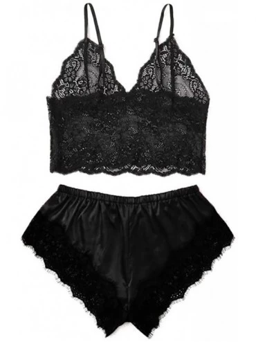 Sets Women's Lace Cami Top with Shorts with Panties 2 Piece Set Sexy Lingerie Pajama Set - Black - CT1900M7CUD $71.86
