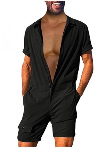 Sleep Sets Men's Short-Sleeve Coverall Fashion Pure-Colour Large Size Button Pocket Jumpsuit - A_black - CU19CZ8XQOL $18.33
