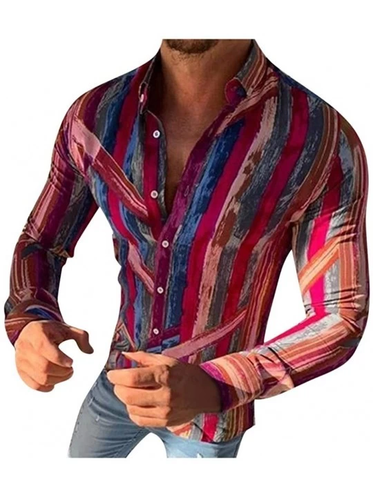 Thermal Underwear Men's Stripe Creative Slim Fit Abstract Printed Shirt Long Sleeve Casual Top - Red - CP18A485ODK $26.39