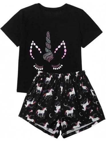 Sets Women's Cute Cartoon Print Tee and Shorts Pajama Set Sleepwear - Black Horse - CZ190HYEI3X $24.41