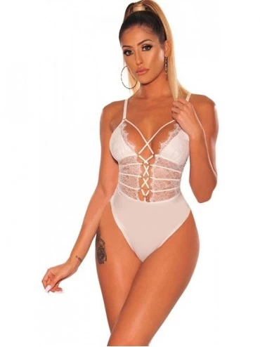 Baby Dolls & Chemises Women's Backless See Through Bodysuit Lingerie Deep V Neck Sexy Lace Babydoll Lingerie One Piece Strapp...