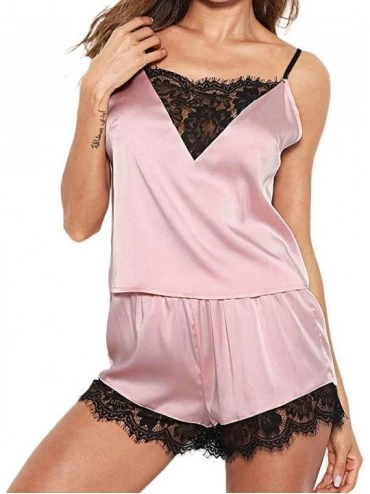 Sets Women 2Pcs Pajamas Set Satin Silk Sleepwear Lace V Neck Lingerie Strap Cami Shorts Nightwear Lingerie - Pink - CA19686U4...