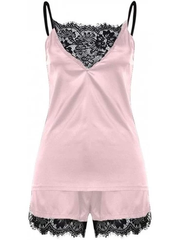 Sets Women 2Pcs Pajamas Set Satin Silk Sleepwear Lace V Neck Lingerie Strap Cami Shorts Nightwear Lingerie - Pink - CA19686U4...