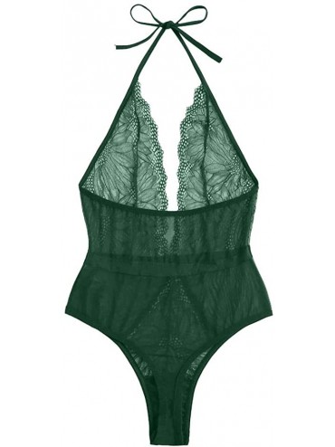 Baby Dolls & Chemises New Women Lingerie Lace Teddy Deep V Neck Backless Bodysuit Babydoll Underwear - Green - CC190ZN5GY9 $1...