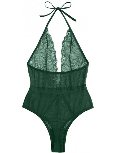 Baby Dolls & Chemises New Women Lingerie Lace Teddy Deep V Neck Backless Bodysuit Babydoll Underwear - Green - CC190ZN5GY9 $2...