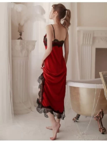 Nightgowns & Sleepshirts Women's Sexy Sleepwear Long Nightgown Slip Dress Lace Velvet Sleeveless Chemise - Red - CC193GECR9C ...