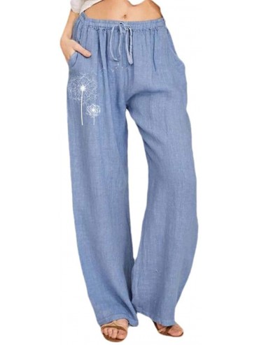 Bottoms Women's Print Casual Drawstring Cotton Linen Wide Leg Palazzo Lounge Pants - Sky Blue - CL19DLAA9M4 $54.80