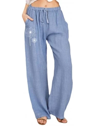 Bottoms Women's Print Casual Drawstring Cotton Linen Wide Leg Palazzo Lounge Pants - Sky Blue - CL19DLAA9M4 $20.70