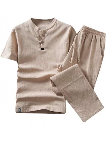 Sleep Sets Pajama Set for Men Linen Long Sleeve Solid Walking Suit Pyjama Evening Yoga Summer 2 Piece Outfits Sets - Khaki - ...