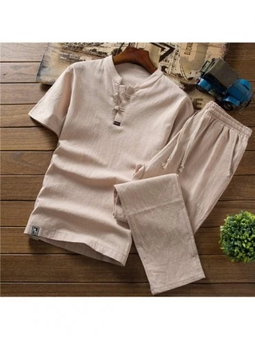 Sleep Sets Pajama Set for Men Linen Long Sleeve Solid Walking Suit Pyjama Evening Yoga Summer 2 Piece Outfits Sets - Khaki - ...