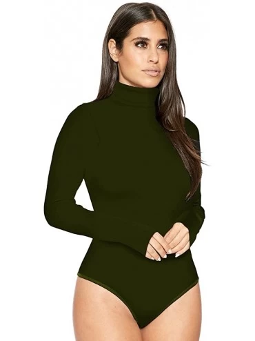Shapewear Womens Stretchy Turtleneck Long Sleeve Thong Bodysuit Solid Color Romper - Armygreen - C0188QKYL5U $23.84