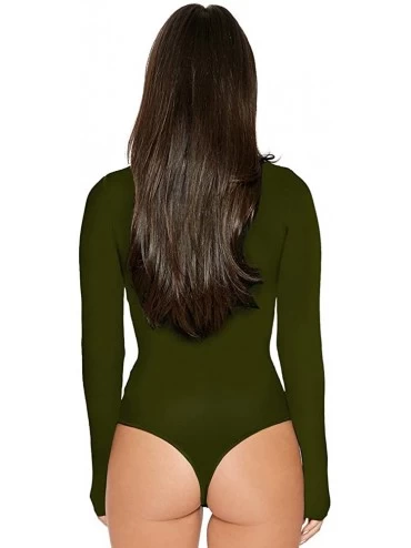 Shapewear Womens Stretchy Turtleneck Long Sleeve Thong Bodysuit Solid Color Romper - Armygreen - C0188QKYL5U $9.72