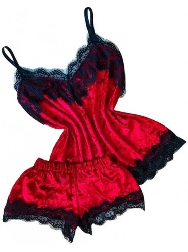 Sets Women's Lace Satin Sleepwear Cami Top and Shorts Pajama Set 2 Piece Sexy Lingerie Nightwear - Y-red - CZ194EZKSWT $18.95