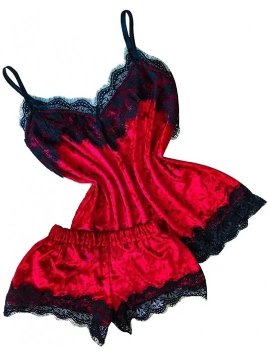 Sets Women's Lace Satin Sleepwear Cami Top and Shorts Pajama Set 2 Piece Sexy Lingerie Nightwear - Y-red - CZ194EZKSWT $18.95