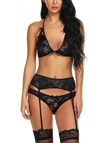 Sets Sexy Fashion Womens Lace Bra Lingerie Briefs Garter Underwear Sleepwear Bodysuit - Black - C818SQ0EW28 $22.60