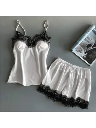 Sets Women Soft Satin Nightgowns Pajama Set Breathable Padded Cami and Shorts Set Lace Silky Sleepwear Nighty Set White - CF1...