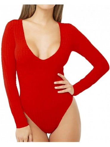 Shapewear Women's Ribbed Plunge Neck Deep V Long Sleeve Stretchy Bodysuits Jumpsuits - Red - CX18LLEDQHC $30.97
