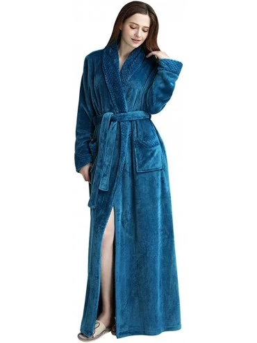 Robes Women's Solid Bathrobes Thicken Velvet Robe Gown Pajamas Sleepwear Pocket Waistband - Blue - CX18AI38ROI $26.79