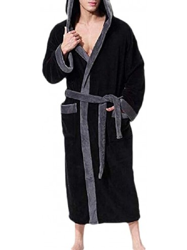 Robes Men's Warm Fleece Robe with Hood Big-and-Tall Sherpa Contrast Bathrobes - Black - CP18AUQSZ62 $77.59