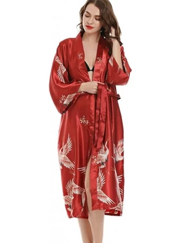 Robes Women's Robe Long Kimono Bathrobe 3/4 Sleeve V-Neck Nightgown - Red - CC199U2EAG3 $64.52
